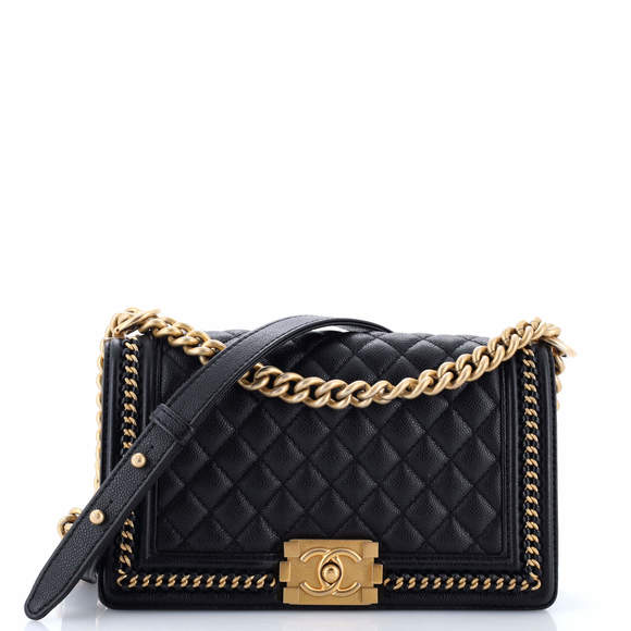 Chanel Handbags - Chanel Old Medium Boy Flap Bag Quilted Caviar with Whipstitch Chain Detail